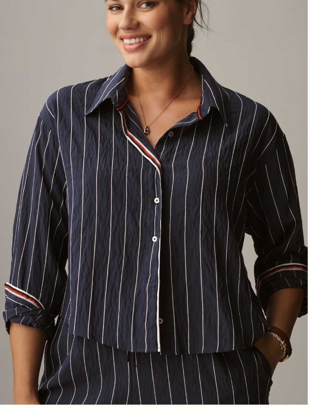 Anthropologie Maeve NEW Pinstripe Silken Button Down Crop Top